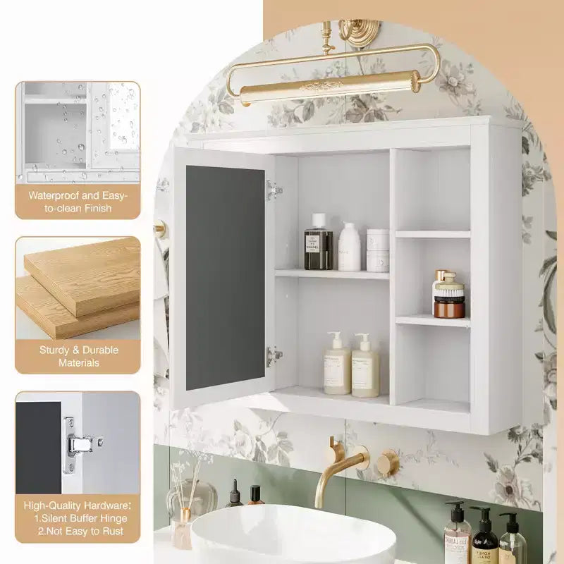 35 x 27.5 Bathroom Mirror Cabinet with 6 Open Shelves, Wall Mounted Medicine Cabinet (No Vanity)