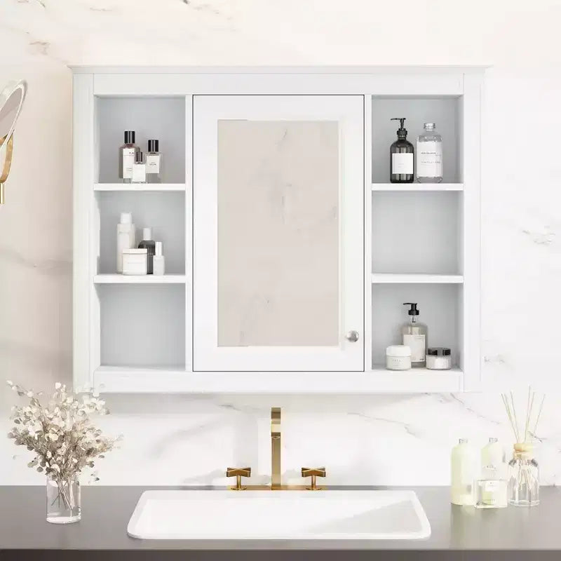 35 x 27.5 Bathroom Mirror Cabinet with 6 Open Shelves, Wall Mounted Medicine Cabinet (No Vanity)