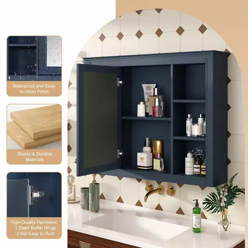 35 x 27.5 Bathroom Mirror Cabinet with 6 Open Shelves, Wall Mounted Medicine Cabinet (No Vanity)