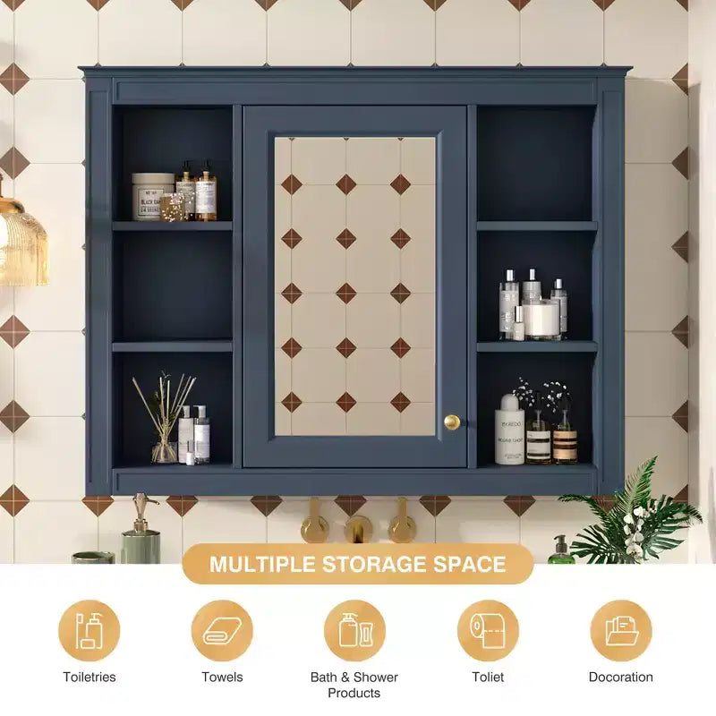 35 x 27.5 Bathroom Mirror Cabinet with 6 Open Shelves, Wall Mounted Medicine Cabinet (No Vanity)