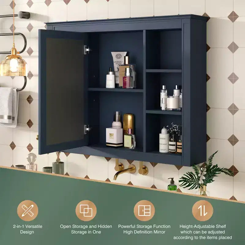 35 x 27.5 Bathroom Mirror Cabinet with 6 Open Shelves, Wall Mounted Medicine Cabinet (No Vanity)