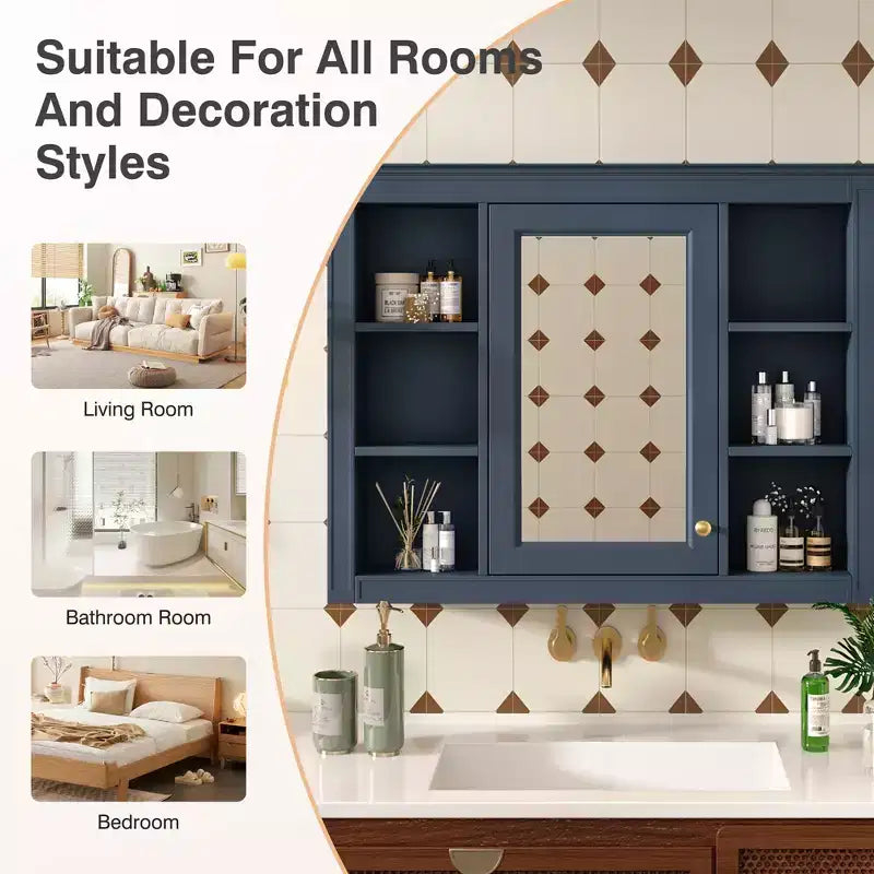 35 x 27.5 Bathroom Mirror Cabinet with 6 Open Shelves, Wall Mounted Medicine Cabinet (No Vanity)