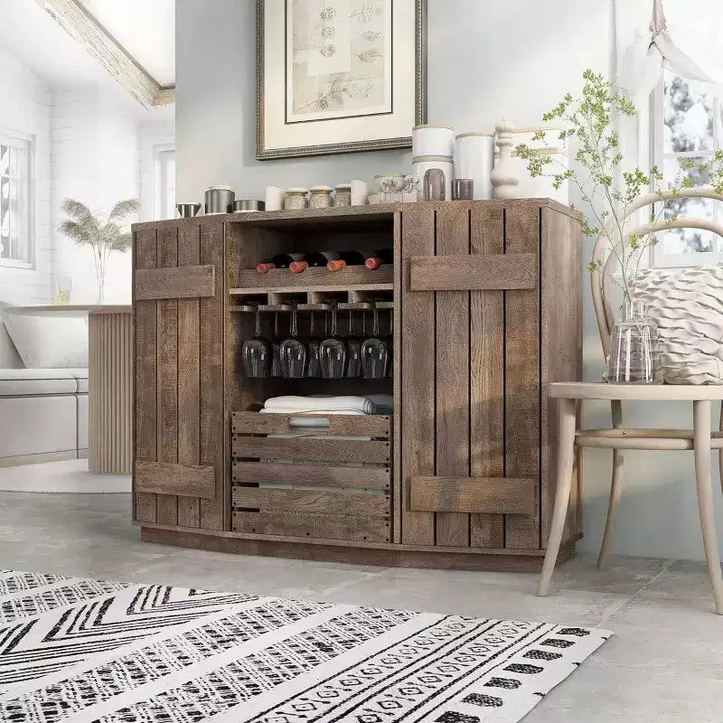 HOMES: Inside + Out Candy Plank Inspired Dining Buffet with Removable Crate Reclaimed Oak: Kitchen Storage, Stemware Rack