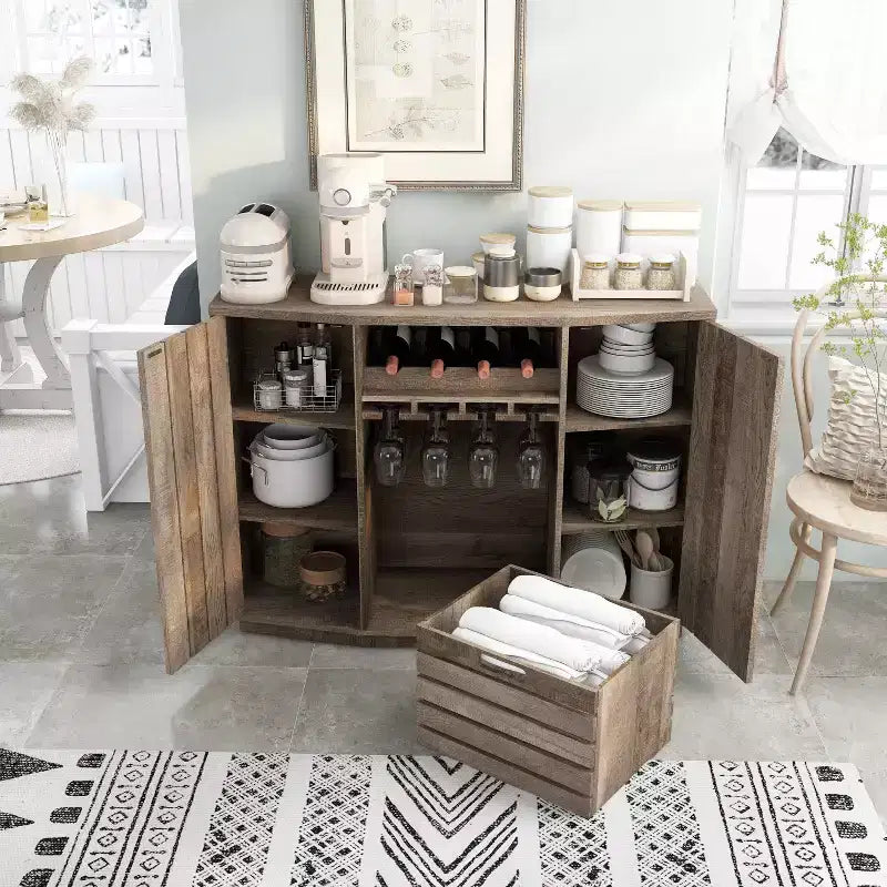 HOMES: Inside + Out Candy Plank Inspired Dining Buffet with Removable Crate Reclaimed Oak: Kitchen Storage, Stemware Rack