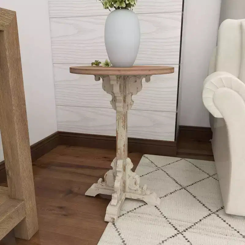 Farmhouse Chinese Fir Accent Table Gray: Pedestal, Indoor Use, Round Shape