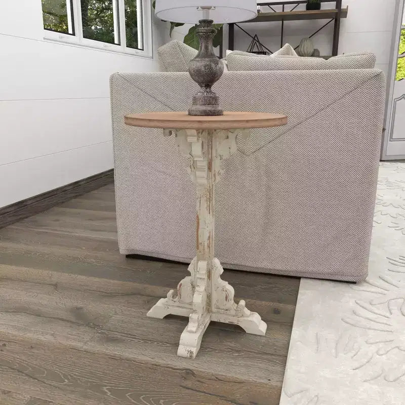 Farmhouse Chinese Fir Accent Table Gray: Pedestal, Indoor Use, Round Shape