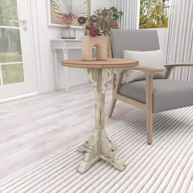 Farmhouse Chinese Fir Accent Table Gray: Pedestal, Indoor Use, Round Shape
