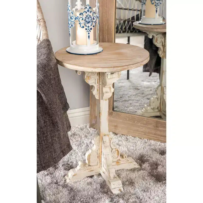 Farmhouse Chinese Fir Accent Table Gray: Pedestal, Indoor Use, Round Shape