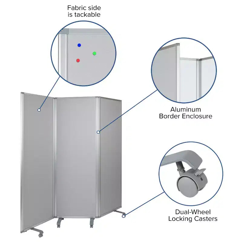 Double Sided Mobile Magnetic Whiteboard/Cloth Partition with Lockable Casters, 72H x 24W (3 sections included)