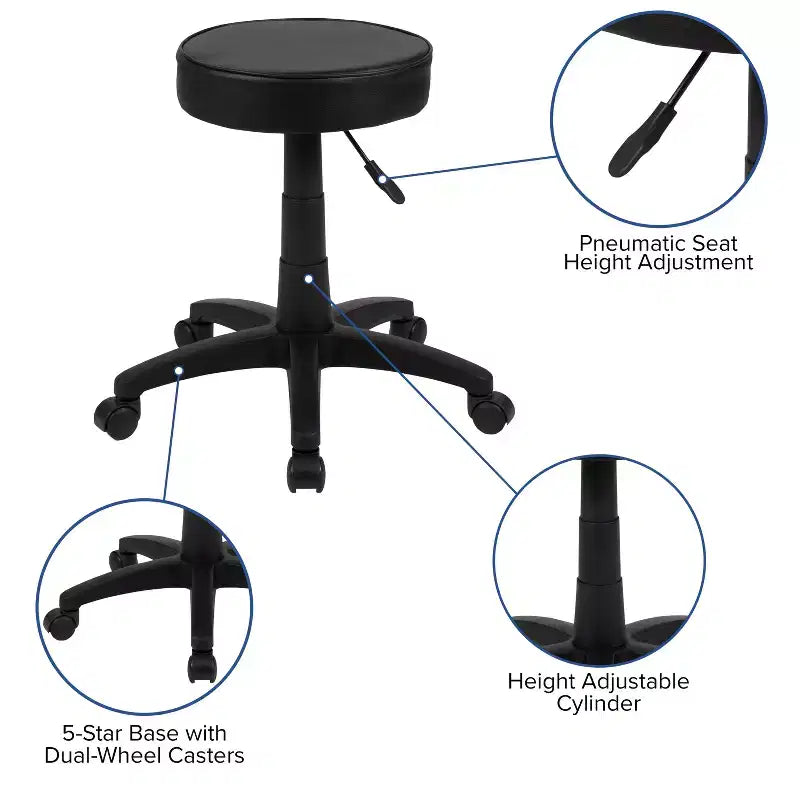 Black Adjustable Doctors Stool on Wheels with Ergonomic Molded Seat