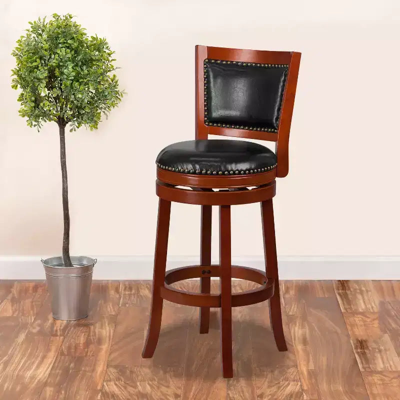 Open Panel Back Wood Barstool with Leather Swivel Seat