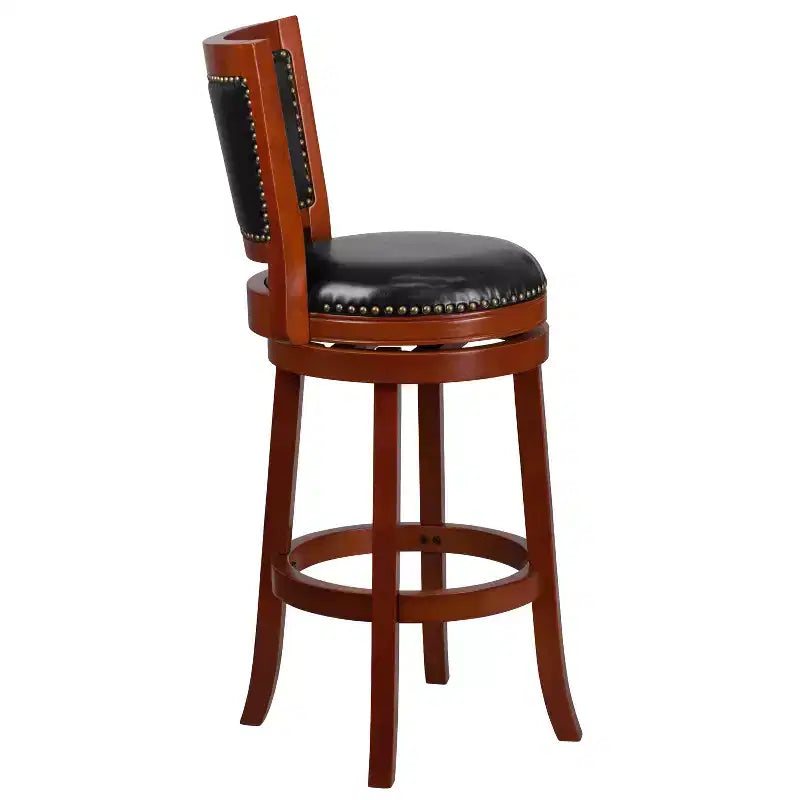 Open Panel Back Wood Barstool with Leather Swivel Seat