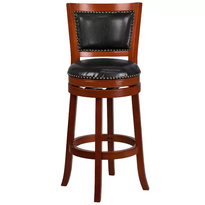 Open Panel Back Wood Barstool with Leather Swivel Seat